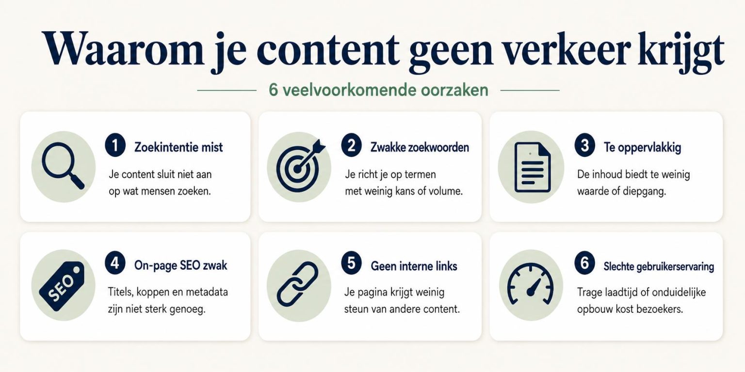 Illustratie waarom je content geen verkeer krijgt met tips voor betere zichtbaarheid in Google zoekresultaten